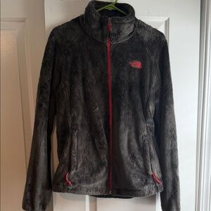 The North Face Women's Olive Green Plush Fleece Jacket with Pink Trim